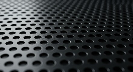 Close-up of silver perforated metal sheet with precise circular holes, forming a modern industrial texture with depth and shadow.