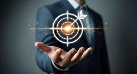 Professional manager holding glowing target interface illustrating strategic alignment performance goals accuracy business growth