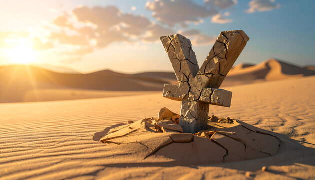 Cracked Yen currency symbol in a desert at sunset, representing Japanese economic crisis and inflation. - Powered by Adobe