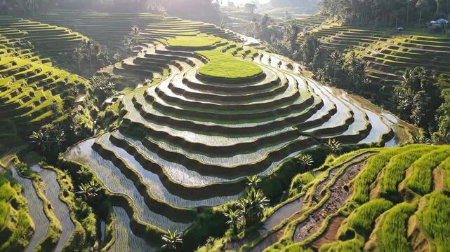 Aerial view of lush green rice terraces with multiple levels and winding water channels in a serene landscape.