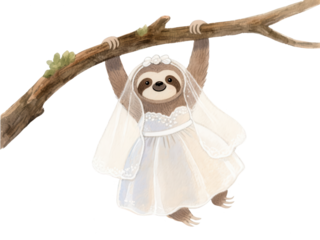 Cute Watercolor Sloth Bride Hanging from a Branch