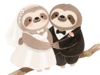 Watercolor Sloth Couple Getting Married: Wedding Day Illustration