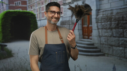 Man holding feather duster and smiling in front of old stone building steps and leafy archway;...