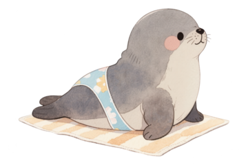 Cute Baby Seal Cartoon Illustration on Towel Isolated on White