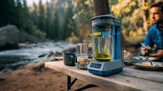 Medium shot of a compact portable water purifier designed for outdoor use focusing on its lightweight durable design and userfriendly interface on a camping table.