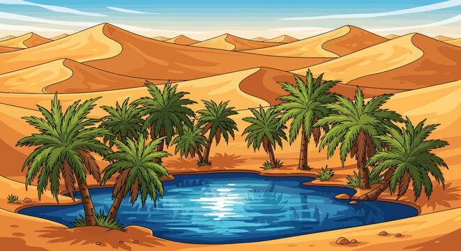 Desert oasis with palm trees and a small pool of water surrounded by sand dunes.