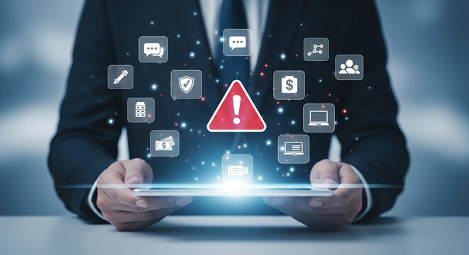 Corporate cybersecurity alert design with professional holding tablet showing warning sign data finance protection technology interface - Powered by Adobe