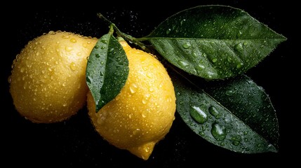 Two lemons with leaves covered in water droplets on a stark black background