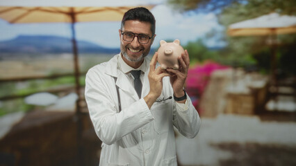 Doctor man holding piggybank with stethoscope on restaurant terrace smiling; savings advice...