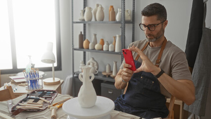Man photographing unfinished ceramic vase with smartphone while wearing apron in pottery studio;...