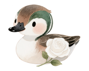 Watercolor Duckling with White Rose - Cute and Elegant Animal Illustration