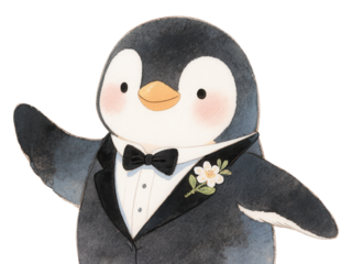Dapper Penguin in Tuxedo and Bow Tie, Watercolor Illustration for Formal Occasions on White