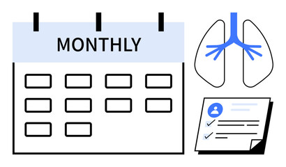 Calendar labeled Monthly, lungs diagram, and patient report with checklist highlight regular health screening. Ideal for healthcare planning, wellness tracking, medical schedules, prevention