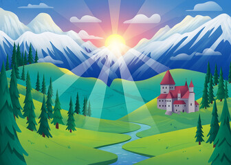 Vibrant Vector Illustration of a Fantasy Castle at Sunrise in a Mountain Valley