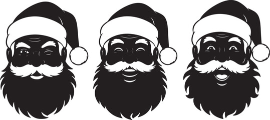 Three stylized black silhouette of Santa Claus faces with varying expressions and iconic hats featuring fluffy pom-poms and trim also transparent background