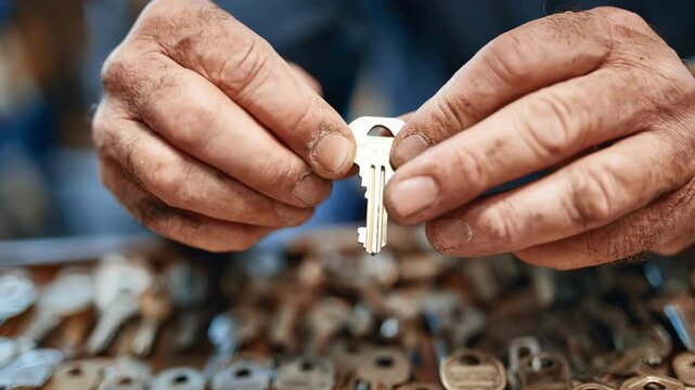 Medium shot of a locksmith hands assembling master key blanks for complex office building security systems focusing on precision and multiple lock compatibility.