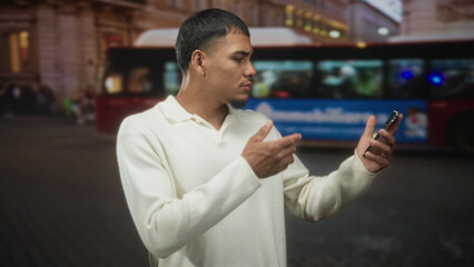 Man holding smartphone, tapping screen with furrowed brow while glancing at bus and city lights on busy street; digital frustration.