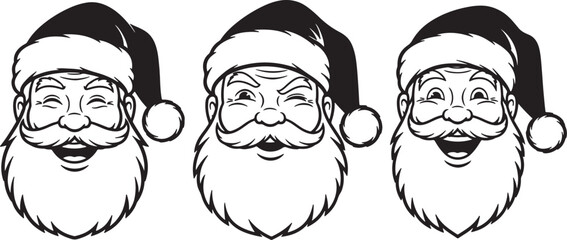 Three stylized black and white of Santa Claus faces, each with a unique expression of joy and merriment, wearing his iconic red hat with a white pompom also transparent background