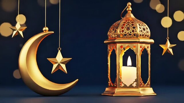 Golden crescent moon and star ornaments hang beside an illuminated lantern with a candle, set against a dark background with warm, bokeh lighting for Islamic ramadhan celebrations.