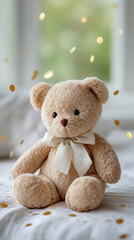 Obraz premium Cute teddy bear with ribbon surrounded by gold confetti for celebration or decoration