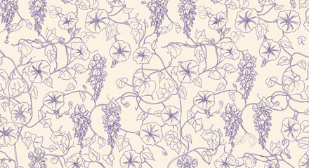 Fototapeta premium Seamless pattern with hand-drawn morning glory and wisteria flowers and vines in purple on a cream background, botanical illustration.