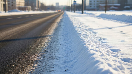 Winter road with cleared asphalt and snowbank. Urban street cleaning and public services concept. Blurred city background