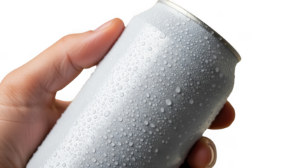 Hand holding a cold silver soda can with water droplets on it isolated on transparent background
