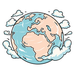 Planet Earth Surrounded by Clouds Minimal Flat Illustration