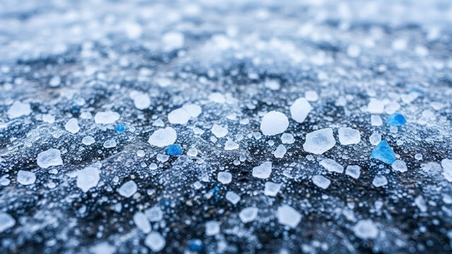 Close-up of blue and white road salt crystals on icy pavement. Winter de-icing chemicals texture. Rock salt granules for melting ice