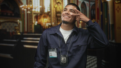 Man detective flashes two fingers to eye while showing badge and id card in ornate building interior, wearing navy jacket and lanyard; confidence pride.