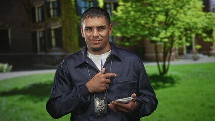 Man writing in a small notepad with pen, hands and badge visible on chain near a brick building courtyard; investigation focused.