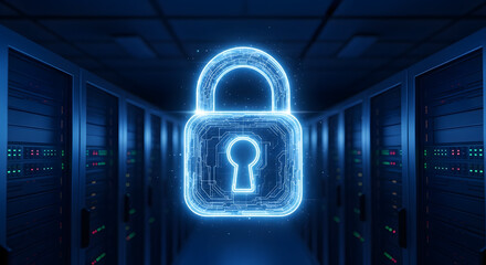 Digital lock icon over server room