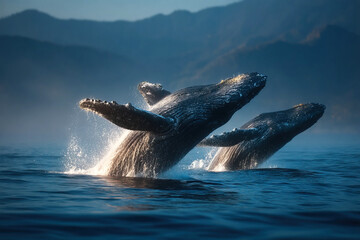 Whales leaping gracefully above the ocean surface in stunning display of nature's beauty