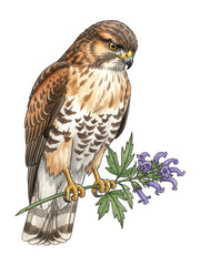 Watercolor Red-Tailed Hawk with Flowers Illustration, Isolated
