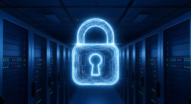 Digital lock icon over server room