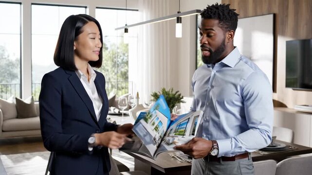 Real Estate Agent Showing Property Brochure - A real estate agent shows a potential homebuyer a property brochure in a modern home setting.