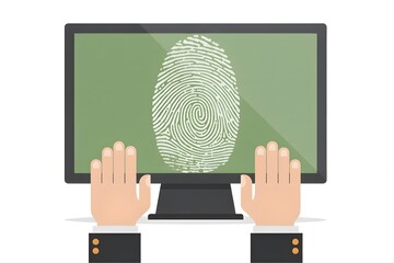 A businessman's hand leaves a digital fingerprint on a laptop screen, symbolizing a secure connection and biometric technology within a modern office network