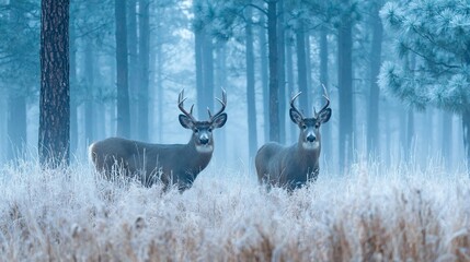 Two majestic deer with antlers stand alert in a frosted forest clearing, winter scene