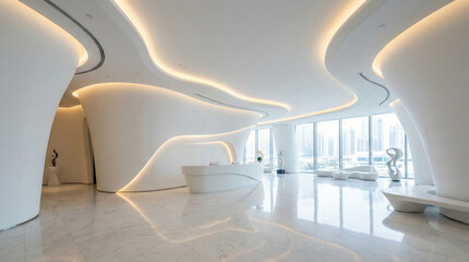 Futuristic white organic architecture interior with reception desk. Modern luxury business hall design with curved walls and marble floor