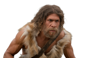 Caveman with Fur Vest Stares Intently