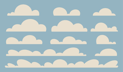 Set of flat clouds in different shapes, minimal vector illustration. Soft sky elements for backgrounds, patterns, kids design.