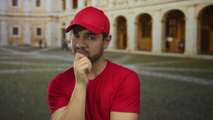 Man wearing red cap and t shirt touches chin in pensive pose at university building courtyard; quiet contemplation.