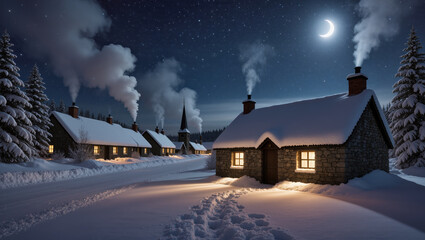Snowy village night stone cottages with glowing windows smoke rising from chimneys crescent moon starry sky peaceful winter scene pine trees serene atmosphere