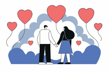 Couple holding hands among heart-shaped balloons