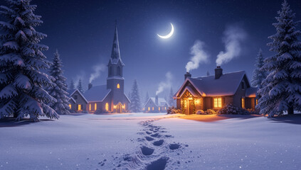Snowy village winter night crescent moon cozy cottage glowing windows church pine tree peaceful serene footprints in snow create magical and tranquil holiday atmosphere