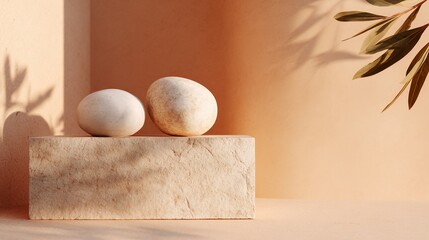 Two marble eggs on stone podium, sunlight & leaves shadows