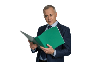 Serious businessman holding open folder