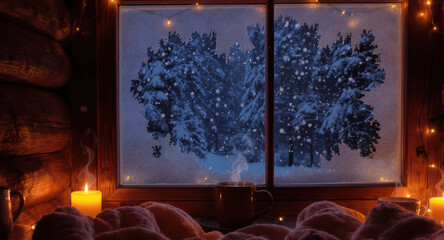 Cozy winter cabin scene with warm candlelight, steaming mug, soft blanket, and snowy pine trees outside frosted window, creating peaceful, relaxing atmosphere