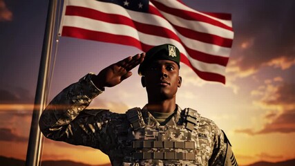 Soldier Saluting the American Flag at Sunset - This video shows a soldier in camouflage uniform and green beret saluting the American flag, set against a dramatic sunset backdrop.