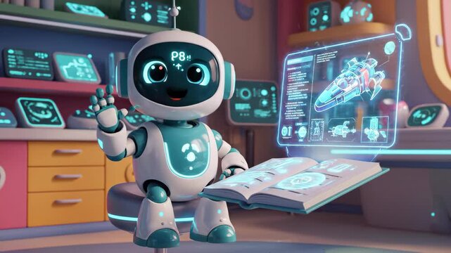 Robot Studying Spaceship Design - A cute, white and teal robot sits and studies a holographic book with a spaceship design projected from its pages.